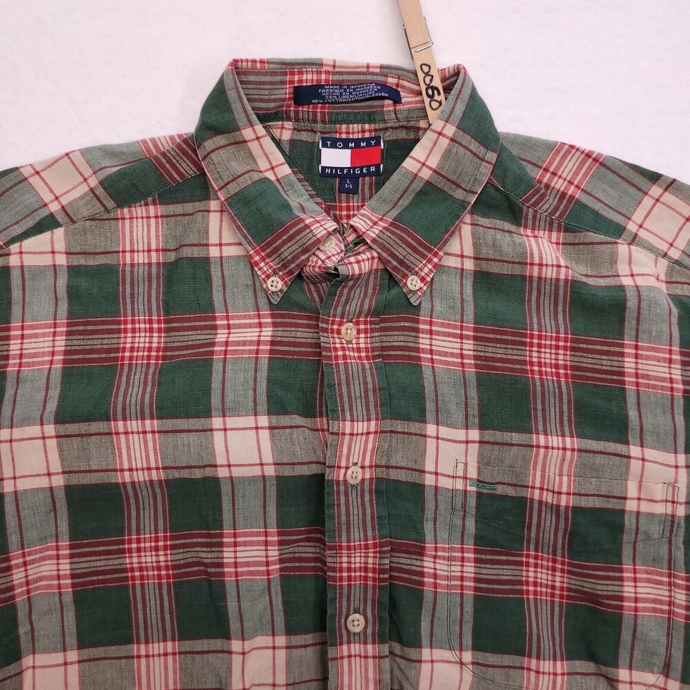 Tommy Hilfiger Casual Long Sleeve Button Up Shirt Adult Mens Size L Green Red